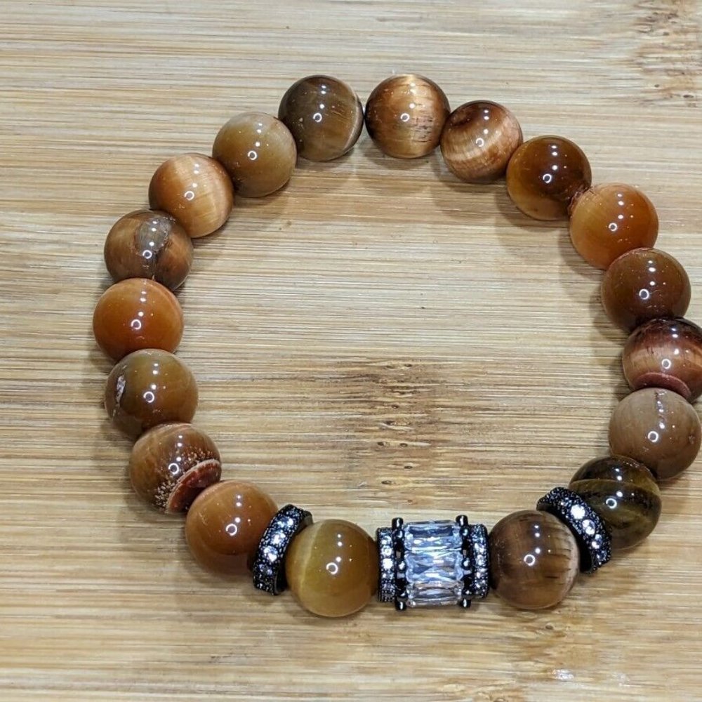 Unisex Orange Tiger's Eye Agate Baguette Pave Bracelet 10mm